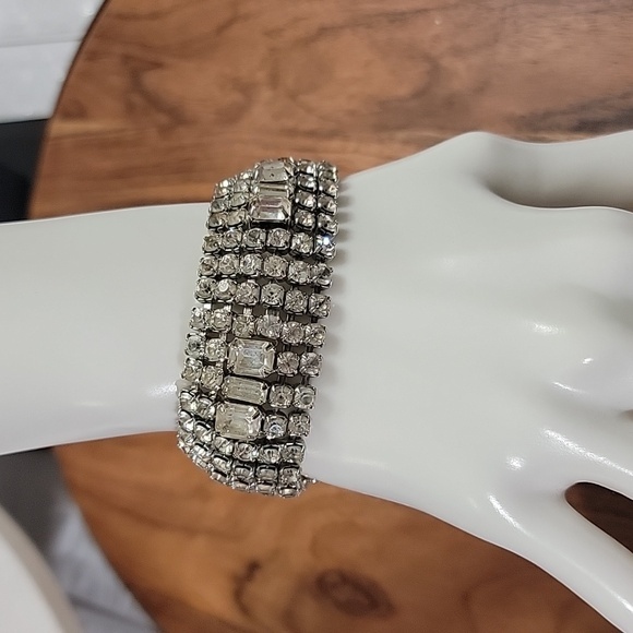 Albert Weiss Jewelry - Vintage Weiss Art Deco Style Rhinestone Wide Silver Tone Bracelet